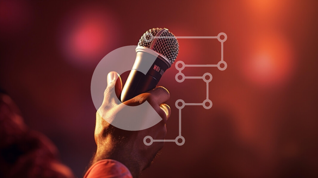 Intra Συλλεκτικό Ξύλινο Παζλ Plywood  4mm - Πρόσωπο που κρατά το μικρόφωνο μπροστά από τα κόκκινα και πορτοκαλί φώτα Σε Ξύλινο Κουτί - Διαστάσεις Puzzle: 10x10 cm – 25 κομμάτια