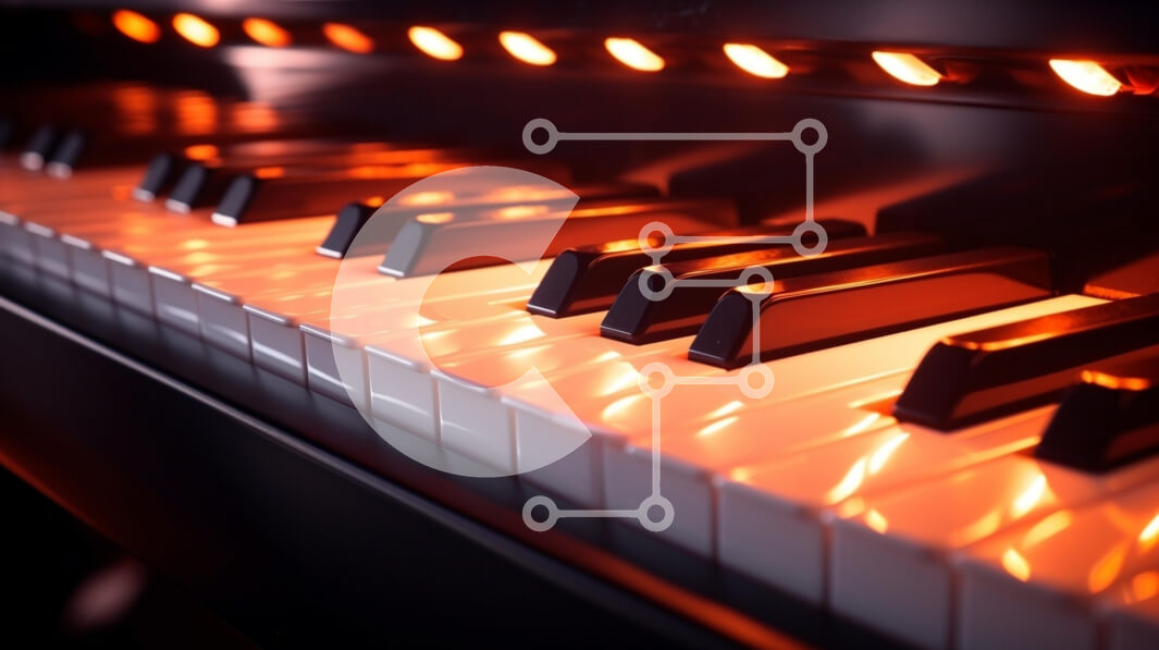 Intra Συλλεκτικό Ξύλινο Παζλ Plywood  4mm - Πλήκτρα πιάνου από κοντά που φωτίζονται από φωτεινά πορτοκαλί φώτα Σε Ξύλινο Κουτί - Διαστάσεις Puzzle: 10x10 cm – 25 κομμάτια