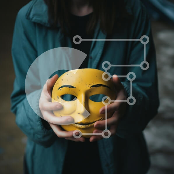 Intra Συλλεκτικό Ξύλινο Παζλ Plywood  4mm - Γυναίκα που κρατά την κίτρινη μάσκα προσώπου Smiley Σε Ξύλινο Κουτί - Διαστάσεις Puzzle: 10x10 cm – 25 κομμάτια