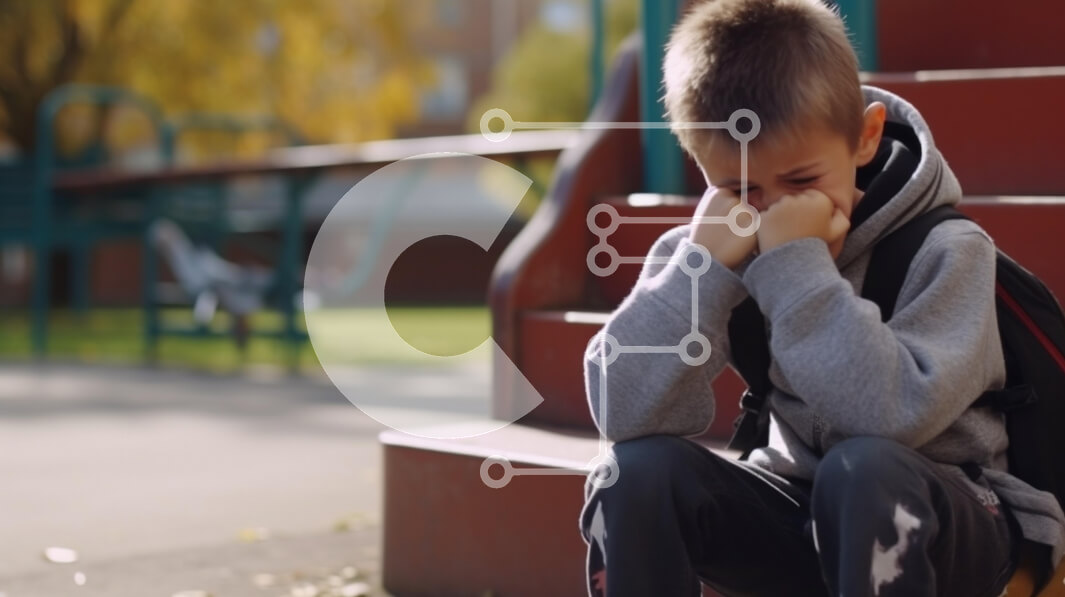 Intra Συλλεκτικό Ξύλινο Παζλ Plywood  4mm - Αναστατωμένο αγόρι που κάθεται στα σκαλιά της παιδικής χαράς Σε Ξύλινο Κουτί - Διαστάσεις Puzzle: 10x10 cm – 25 κομμάτια