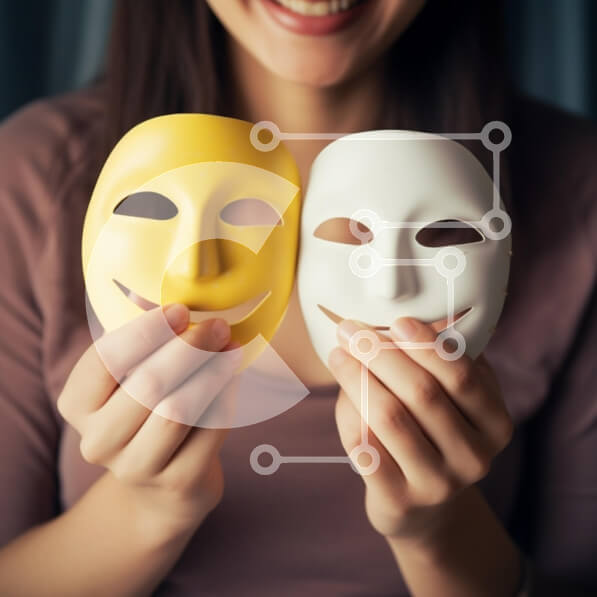 Intra Συλλεκτικό Ξύλινο Παζλ Plywood  4mm - Γυναίκα που κρατά θεατρικές μάσκες που αντιπροσωπεύουν τα συναισθήματα Σε Ξύλινο Κουτί - Διαστάσεις Puzzle: 10x10 cm – 25 κομμάτια