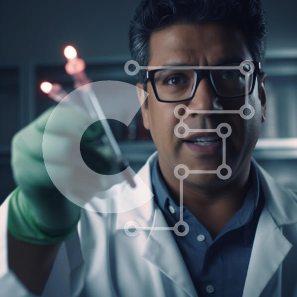 Intra Συλλεκτικό Ξύλινο Παζλ Plywood  4mm - Επιστήμονας που κρατά λαμπερά φιαλίδια σε ένα εργαστήριο Σε Ξύλινο Κουτί - Διαστάσεις Puzzle: 10x10 cm – 25 κομμάτια