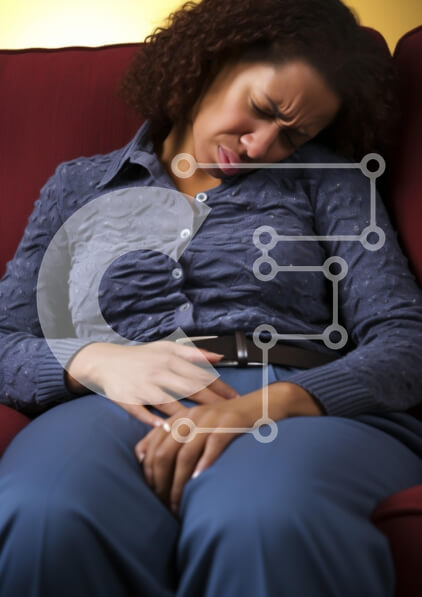 Intra Συλλεκτικό Ξύλινο Παζλ Plywood  4mm - Γυναίκα που κρατά το στομάχι με πόνο σε έναν καναπέ Σε Ξύλινο Κουτί - Διαστάσεις Puzzle: 10x10 cm – 25 κομμάτια