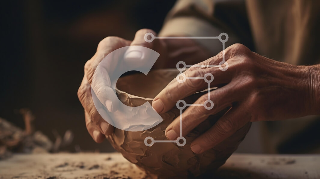 Intra Συλλεκτικό Ξύλινο Παζλ Plywood  4mm - Χέρια που διαμορφώνουν ένα πήλινο μπολ στον τροχό του Πότερ Σε Ξύλινο Κουτί - Διαστάσεις Puzzle: 10x10 cm – 25 κομμάτια