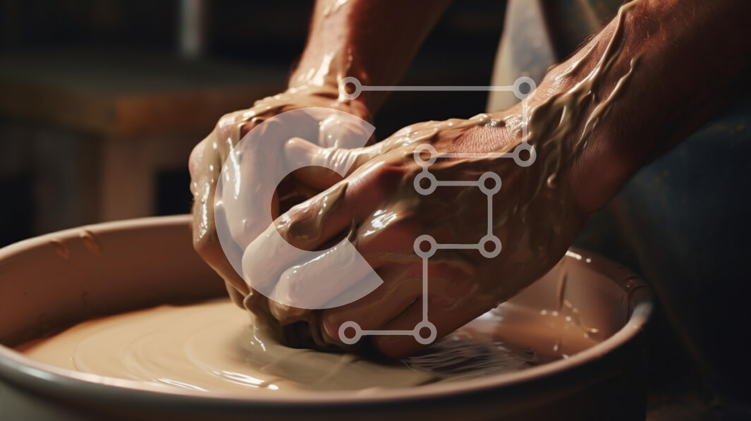 Intra Συλλεκτικό Ξύλινο Παζλ Plywood  4mm - Κοντινό πλάνο χεριών που σχηματίζουν πηλό σε ρόδα κεραμικής Σε Ξύλινο Κουτί - Διαστάσεις Puzzle: 10x10 cm – 25 κομμάτια