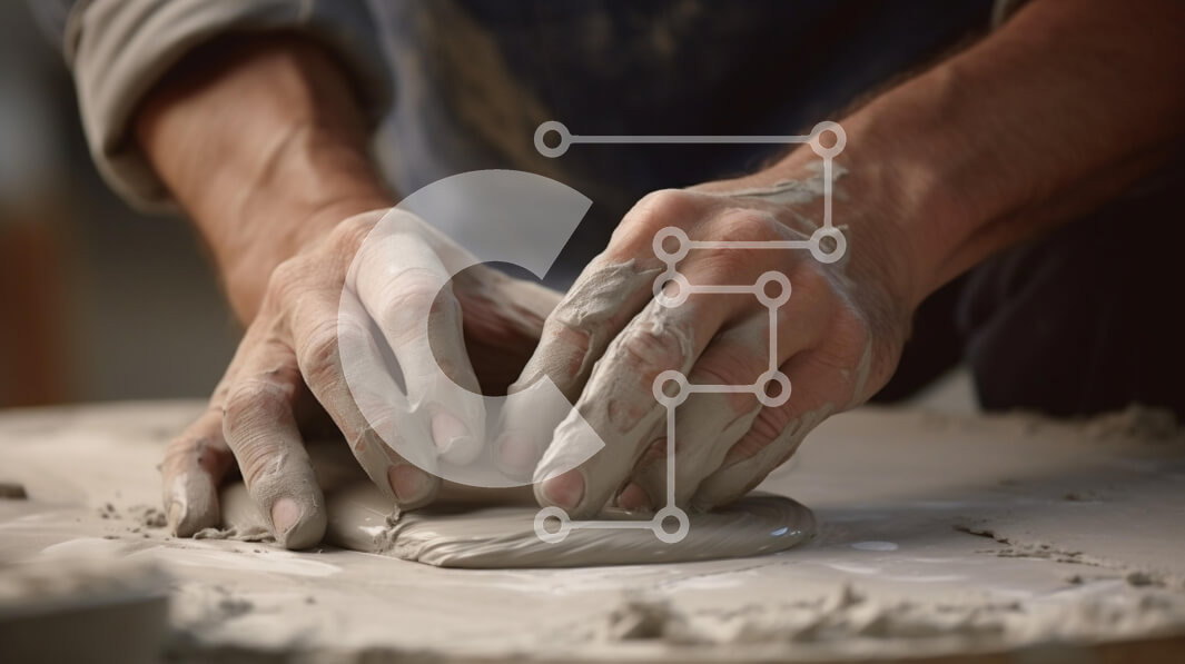 Intra Συλλεκτικό Ξύλινο Παζλ Plywood  4mm - Κοντινό πλάνο χεριών που διαμορφώνουν τον πηλό σε τροχό κεραμικής Σε Ξύλινο Κουτί - Διαστάσεις Puzzle: 10x10 cm – 25 κομμάτια