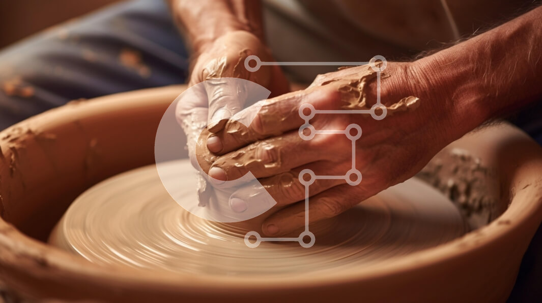 Intra Συλλεκτικό Ξύλινο Παζλ Plywood  4mm - Χέρια που σχηματίζουν πηλό σε ρόδα κεραμικής Σε Ξύλινο Κουτί - Διαστάσεις Puzzle: 10x10 cm – 25 κομμάτια