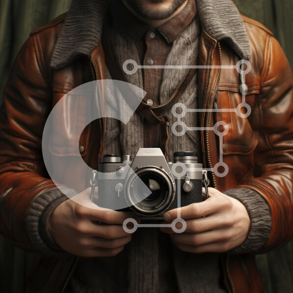 Intra Συλλεκτικό Ξύλινο Παζλ Plywood  4mm - Άτομο που κρατά μια vintage κάμερα με δερμάτινο μπουφάν Σε Ξύλινο Κουτί - Διαστάσεις Puzzle: 10x10 cm – 25 κομμάτια