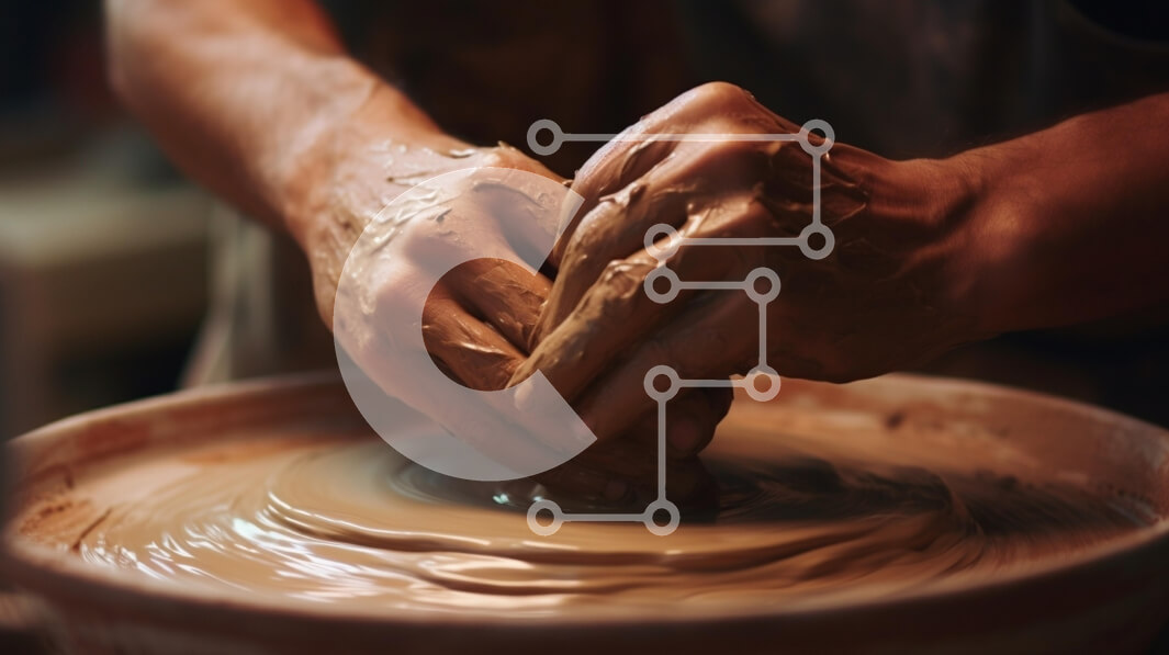 Intra Συλλεκτικό Ξύλινο Παζλ Plywood  4mm - Χέρια που διαμορφώνουν τον πηλό στον τροχό του Πότερ Σε Ξύλινο Κουτί - Διαστάσεις Puzzle: 10x10 cm – 25 κομμάτια