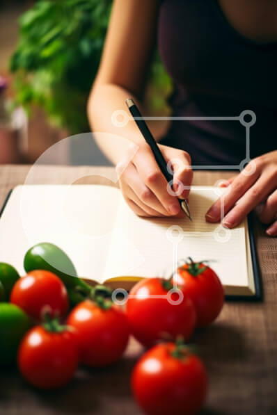 Σετ των 2 Intra Συλλεκτικό Ξύλινο Παζλ Plywood  4mm - Γυναίκα που γράφει στο σημειωματάριο με τις ντομάτες και τα λαχανικά Σε Ξύλινο Κουτί - Διαστάσεις: 10x10 cm – 25 κομμάτια