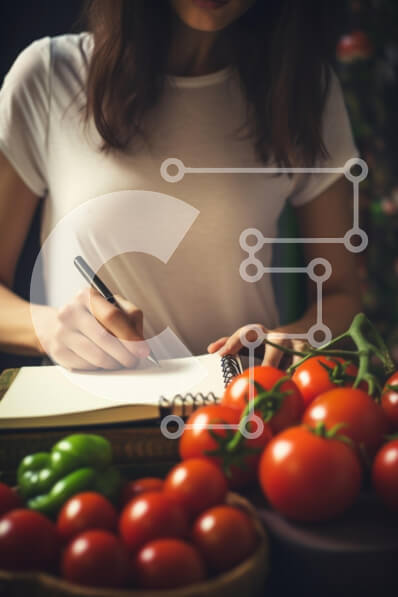 Intra Συλλεκτικό Ξύλινο Παζλ Plywood  4mm - Γυναίκα που γράφει στο σημειωματάριο με τις ντομάτες και τα λαχανικά Σε Ξύλινο Κουτί - Διαστάσεις Puzzle: 10x10 cm – 25 κομμάτια