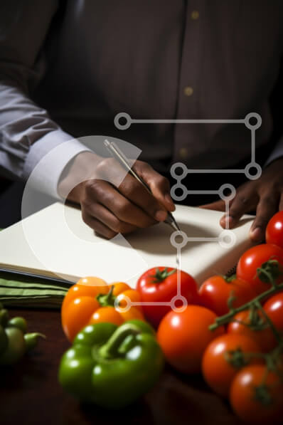 Intra Συλλεκτικό Ξύλινο Παζλ Plywood  4mm - Άνθρωπος που γράφει στο σημειωματάριο με τα λαχανικά Σε Ξύλινο Κουτί - Διαστάσεις Puzzle: 10x10 cm – 25 κομμάτια