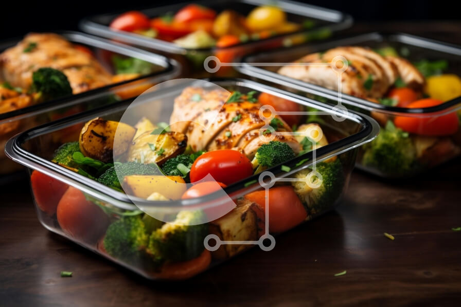 Σετ των 2 Intra Συλλεκτικό Ξύλινο Παζλ Plywood  4mm - Δοχεία φαγητού με κοτόπουλο, μπρόκολο και ντομάτες Σε Ξύλινο Κουτί - Διαστάσεις: 10x10 cm – 25 κομμάτια