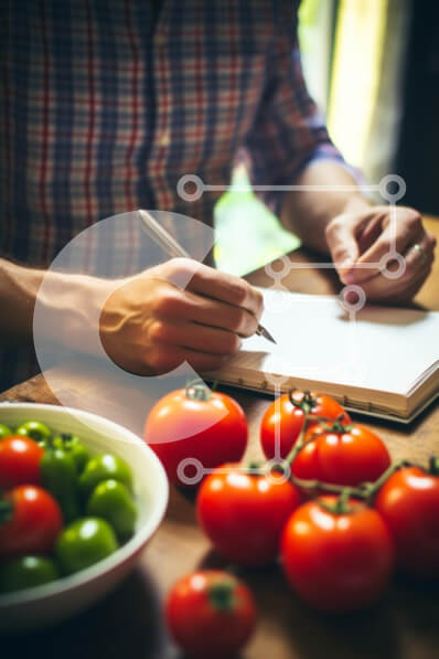 Σετ των 2 Intra Συλλεκτικό Ξύλινο Παζλ Plywood  4mm - Άτομο που γράφει στο σημειωματάριο με φρέσκα λαχανικά Σε Ξύλινο Κουτί - Διαστάσεις: 10x10 cm – 25 κομμάτια