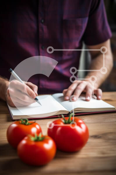 Intra Συλλεκτικό Ξύλινο Παζλ Plywood  4mm - Άνθρωπος που γράφει στο σημειωματάριο με τις ντομάτες Σε Ξύλινο Κουτί - Διαστάσεις Puzzle: 10x10 cm – 25 κομμάτια