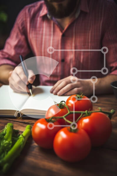 Intra Συλλεκτικό Ξύλινο Παζλ Plywood  4mm - Άνδρας που γράφει στο σημειωματάριο με τις ντομάτες και τα λαχανικά Σε Ξύλινο Κουτί - Διαστάσεις Puzzle: 10x10 cm – 25 κομμάτια