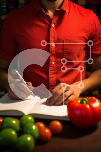 Intra Συλλεκτικό Ξύλινο Παζλ Plywood  4mm - Άνθρωπος που γράφει στο σημειωματάριο με τα λαχανικά και τα φρούτα Σε Ξύλινο Κουτί - Διαστάσεις Puzzle: 10x10 cm – 25 κομμάτια