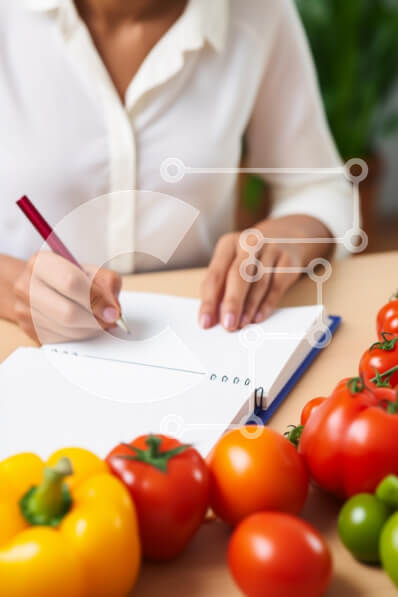 Σετ των 2 Intra Συλλεκτικό Ξύλινο Παζλ Plywood  4mm - Γυναίκα που γράφει στο σημειωματάριο που περιβάλλεται από φρούτα και λαχανικά Σε Ξύλινο Κουτί - Διαστάσεις: 10x10 cm – 25 κομμάτια