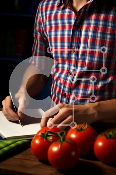 Intra Συλλεκτικό Ξύλινο Παζλ Plywood  4mm - Άνθρωπος που γράφει στο σημειωματάριο με ντομάτες και φρούτα Σε Ξύλινο Κουτί - Διαστάσεις Puzzle: 10x10 cm – 25 κομμάτια