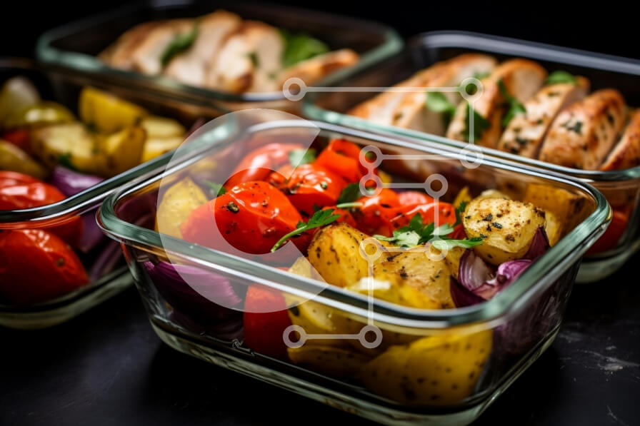 Σετ των 2 Intra Συλλεκτικό Ξύλινο Παζλ Plywood  4mm - Πιάτο με φρέσκα λαχανικά και κοτόπουλο σε διαφανή γυάλινα δοχεία Σε Ξύλινο Κουτί - Διαστάσεις: 10x10 cm – 25 κομμάτια