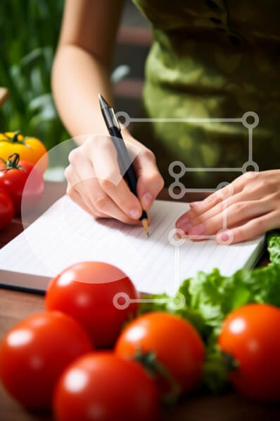 Σετ των 2 Intra Συλλεκτικό Ξύλινο Παζλ Plywood  4mm - Γυναίκα που γράφει που περιβάλλεται από λαχανικά και φρούτα Σε Ξύλινο Κουτί - Διαστάσεις: 10x10 cm – 25 κομμάτια