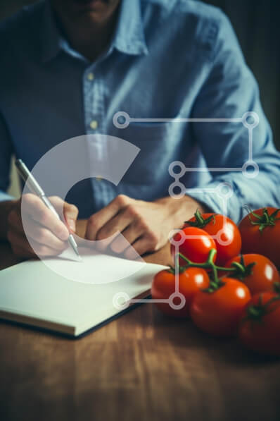 Intra Συλλεκτικό Ξύλινο Παζλ Plywood  4mm - Άνθρωπος που γράφει στο σημειωματάριο με τις ντομάτες Σε Ξύλινο Κουτί - Διαστάσεις Puzzle: 10x10 cm – 25 κομμάτια