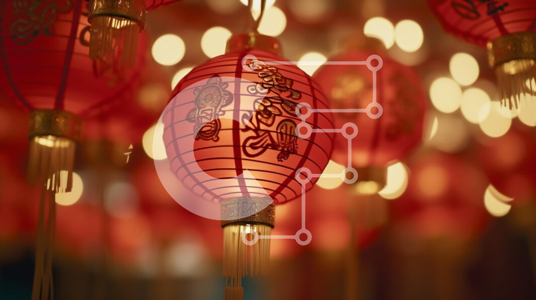 Intra Συλλεκτικό Ξύλινο Παζλ Plywood  4mm - Κόκκινα φανάρια που κρέμονται σε ένα εορταστικό περιβάλλον Σε Ξύλινο Κουτί - Διαστάσεις Puzzle: 10x10 cm – 25 κομμάτια