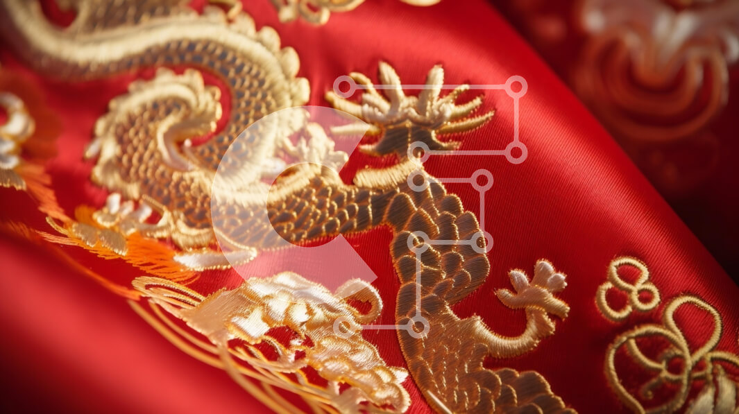 Intra Συλλεκτικό Ξύλινο Παζλ Plywood  4mm - Κόκκινο ύφασμα με σχέδια χρυσού δράκου Σε Ξύλινο Κουτί - Διαστάσεις Puzzle: 10x10 cm – 25 κομμάτια