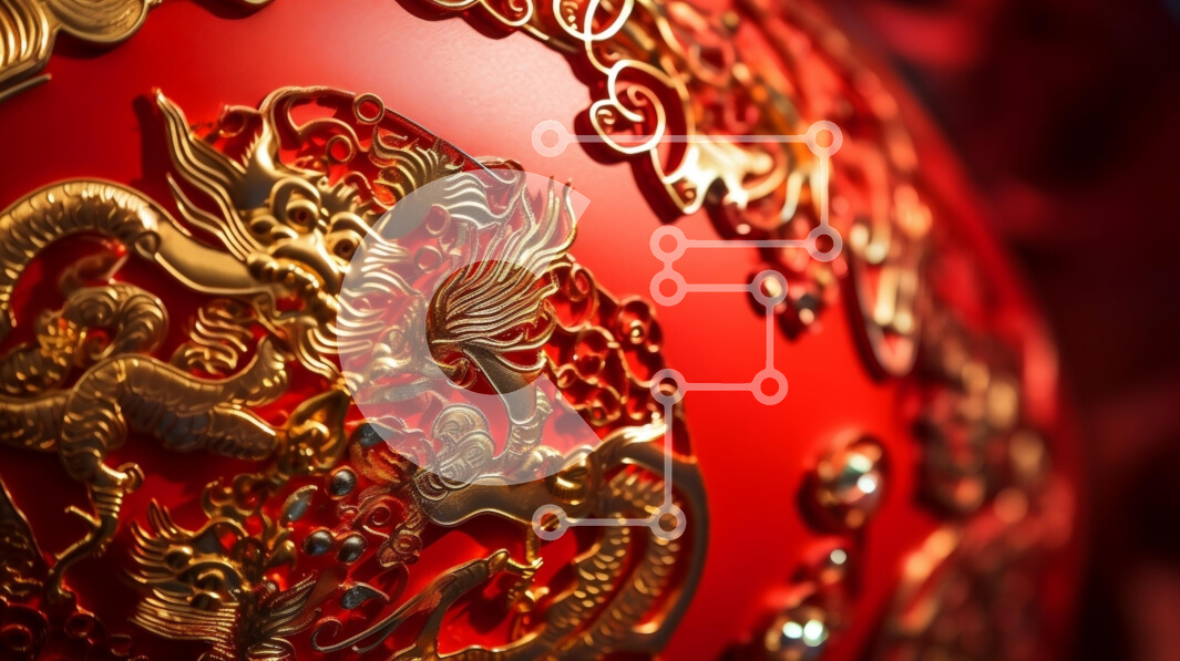 Intra Συλλεκτικό Ξύλινο Παζλ Plywood  4mm - Κόκκινη μπάλα με χρυσούς δράκους και φλοράλ σχέδια Σε Ξύλινο Κουτί - Διαστάσεις: 10x10 cm – 25 κομμάτια