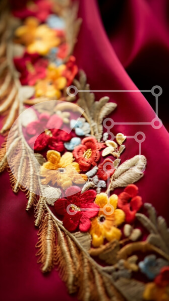 Intra Συλλεκτικό Ξύλινο Παζλ Plywood  4mm - Κόκκινο ύφασμα περίτεχνα κεντημένο με πολύχρωμα λουλούδια και φύλλα Σε Ξύλινο Κουτί - Διαστάσεις Puzzle: 10x10 cm – 25 κομμάτια