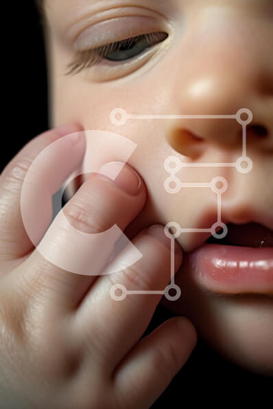 Intra Συλλεκτικό Ξύλινο Παζλ Plywood  4mm - Κοντινή εικόνα του μωρού με το χέρι στο πρόσωπο Σε Ξύλινο Κουτί - Διαστάσεις Puzzle: 10x10 cm – 25 κομμάτια