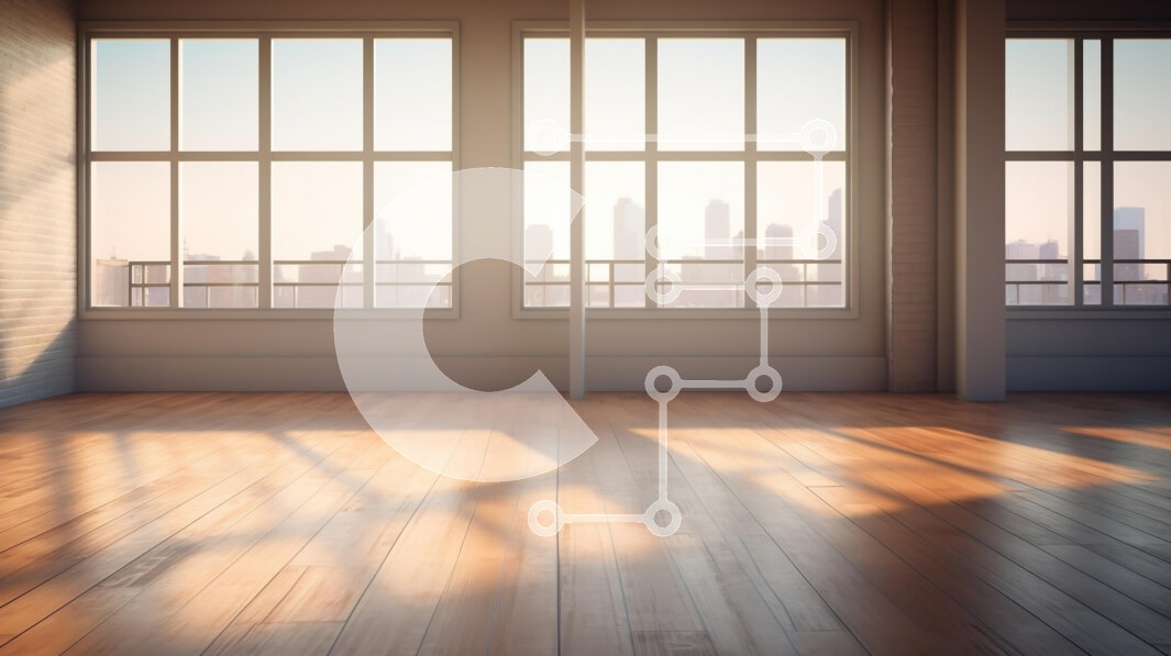 Intra Συλλεκτικό Ξύλινο Παζλ Plywood  4mm - Άδειο δωμάτιο με μεγάλα παράθυρα και θέα στο αστικό τοπίο Σε Ξύλινο Κουτί - Διαστάσεις Puzzle: 10x10 cm – 25 κομμάτια