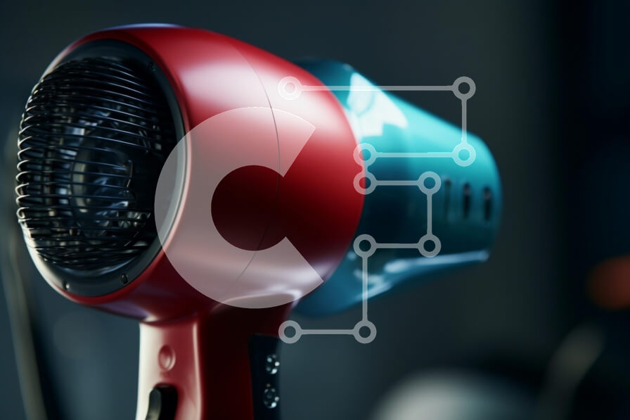 Intra Συλλεκτικό Ξύλινο Παζλ Plywood  4mm - Κοντινό πλάνο ενός σύγχρονου στεγνωτήρα μαλλιών σε κόκκινο και γαλαζοπράσινο Σε Ξύλινο Κουτί - Διαστάσεις: 10x10 cm – 25 κομμάτια