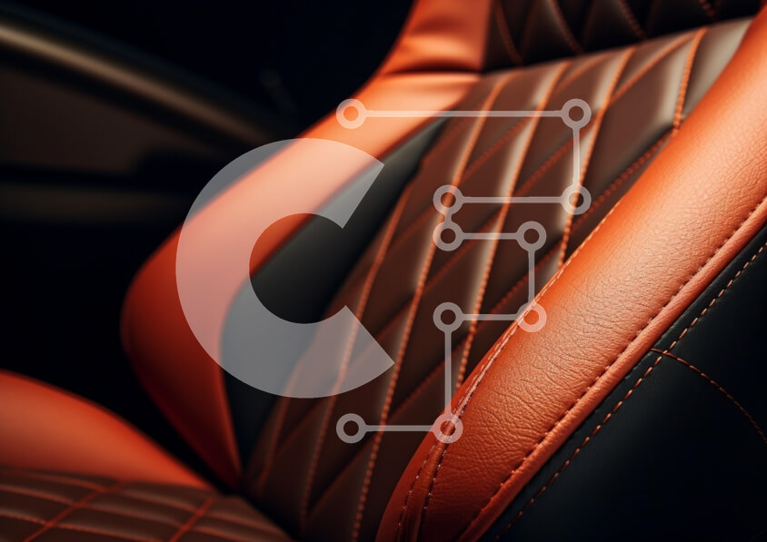 Intra Συλλεκτικό Ξύλινο Παζλ Plywood  4mm - Κοντινό πλάνο ενός πολυτελούς καθίσματος αυτοκινήτου σε πορτοκαλί και μαύρο δέρμα Σε Ξύλινο Κουτί - Διαστάσεις Puzzle: 10x10 cm – 25 κομμάτια