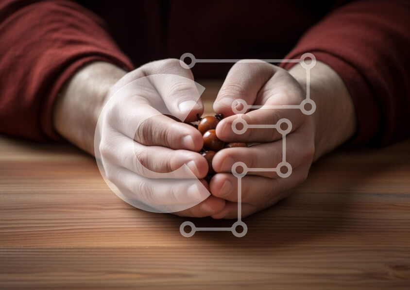 Intra Συλλεκτικό Ξύλινο Παζλ Plywood  4mm - Χέρια που κρατούν ξύλινες χάντρες σε ένα ξύλινο τραπέζι Σε Ξύλινο Κουτί - Διαστάσεις: 10x10 cm – 25 κομμάτια