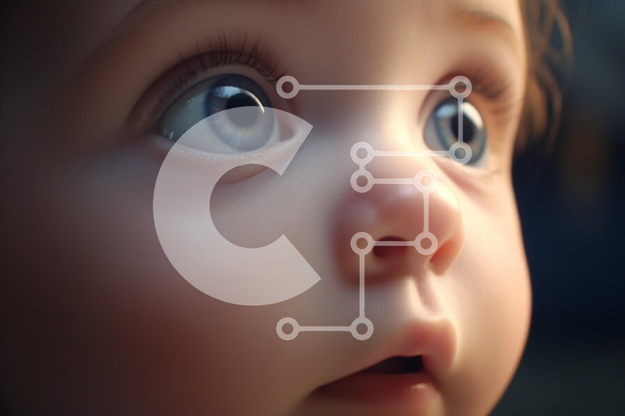 Intra Συλλεκτικό Ξύλινο Παζλ Plywood  4mm - Κοντινό πλάνο του προσώπου ενός μωρού με μπλε μάτια Σε Ξύλινο Κουτί - Διαστάσεις Puzzle: 10x10 cm – 25 κομμάτια