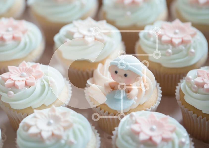 Σετ των 2 Intra Συλλεκτικό Ξύλινο Παζλ Plywood  4mm - Cupcakes με ειδώλιο μωρού και διακοσμήσεις με λουλούδια Σε Ξύλινο Κουτί - Διαστάσεις: 10x10 cm – 25 κομμάτια