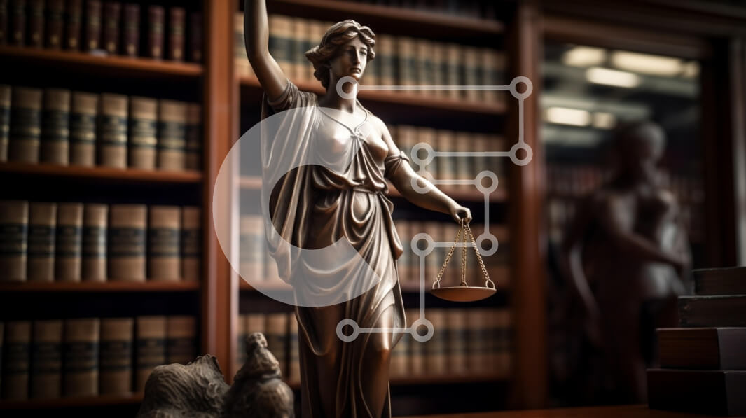 Intra Συλλεκτικό Ξύλινο Παζλ Plywood  4mm - Άγαλμα της κυρίας δικαιοσύνης σε μια νομική βιβλιοθήκη Σε Ξύλινο Κουτί - Διαστάσεις Puzzle: 10x10 cm – 25 κομμάτια