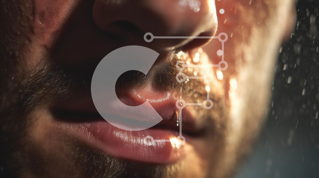 Intra Συλλεκτικό Ξύλινο Παζλ Plywood  4mm - Κοντινό πλάνο του προσώπου του ανθρώπου με σταγονίδια νερού Σε Ξύλινο Κουτί - Διαστάσεις Puzzle: 10x10 cm – 25 κομμάτια