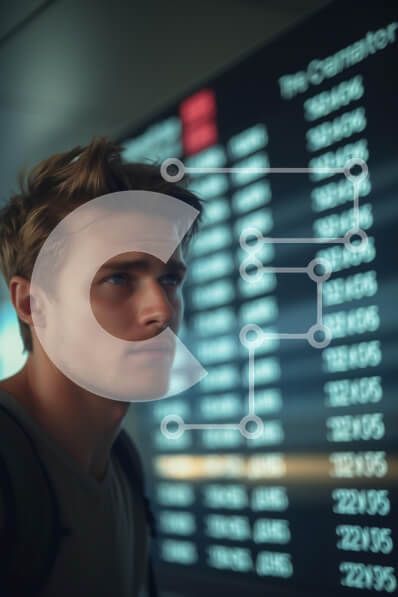 Intra Συλλεκτικό Ξύλινο Παζλ Plywood  4mm - Νεαρός άνδρας στον πίνακα πληροφοριών πτήσης αεροδρομίου Σε Ξύλινο Κουτί - Διαστάσεις Puzzle: 10x10 cm – 25 κομμάτια