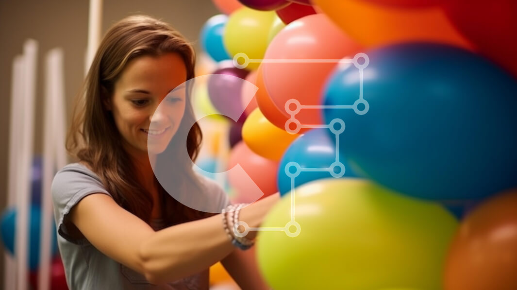 Intra Συλλεκτικό Ξύλινο Παζλ Plywood  4mm - Νεαρή γυναίκα που τακτοποιεί πολύχρωμα μπαλόνια Σε Ξύλινο Κουτί - Διαστάσεις Puzzle: 10x10 cm – 25 κομμάτια