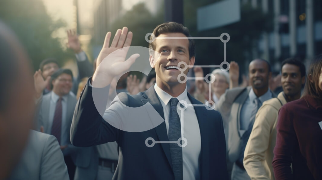 Intra Συλλεκτικό Ξύλινο Παζλ Plywood  4mm - Χαμογελαστός άνδρας που κουνάει σε ένα πλήθος σε αστικό περιβάλλον Σε Ξύλινο Κουτί - Διαστάσεις Puzzle: 10x10 cm – 25 κομμάτια