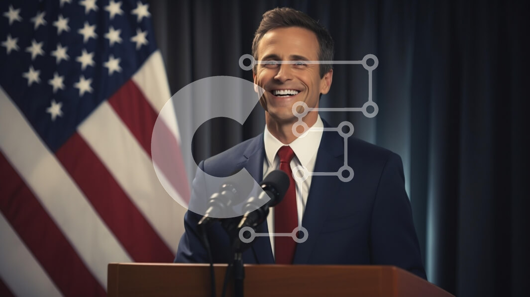 Intra Συλλεκτικό Ξύλινο Παζλ Plywood  4mm - Χαμογελαστός πολιτικός στο βάθρο με την αμερικανική σημαία Σε Ξύλινο Κουτί - Διαστάσεις Puzzle: 10x10 cm – 25 κομμάτια