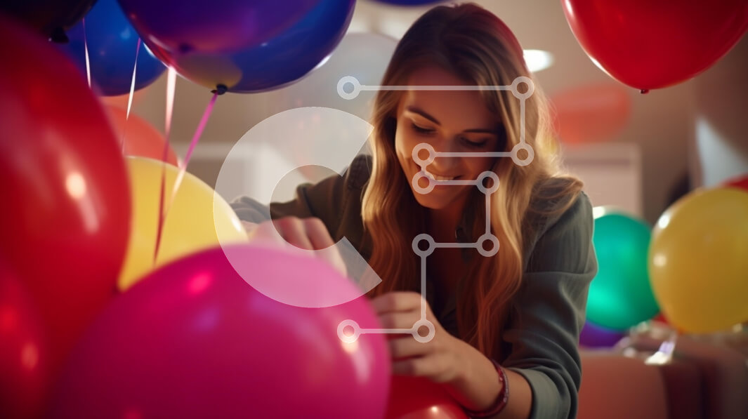 Intra Συλλεκτικό Ξύλινο Παζλ Plywood  4mm - Χαρούμενη γυναίκα που διακοσμεί με μπαλόνια Σε Ξύλινο Κουτί - Διαστάσεις Puzzle: 10x10 cm – 25 κομμάτια