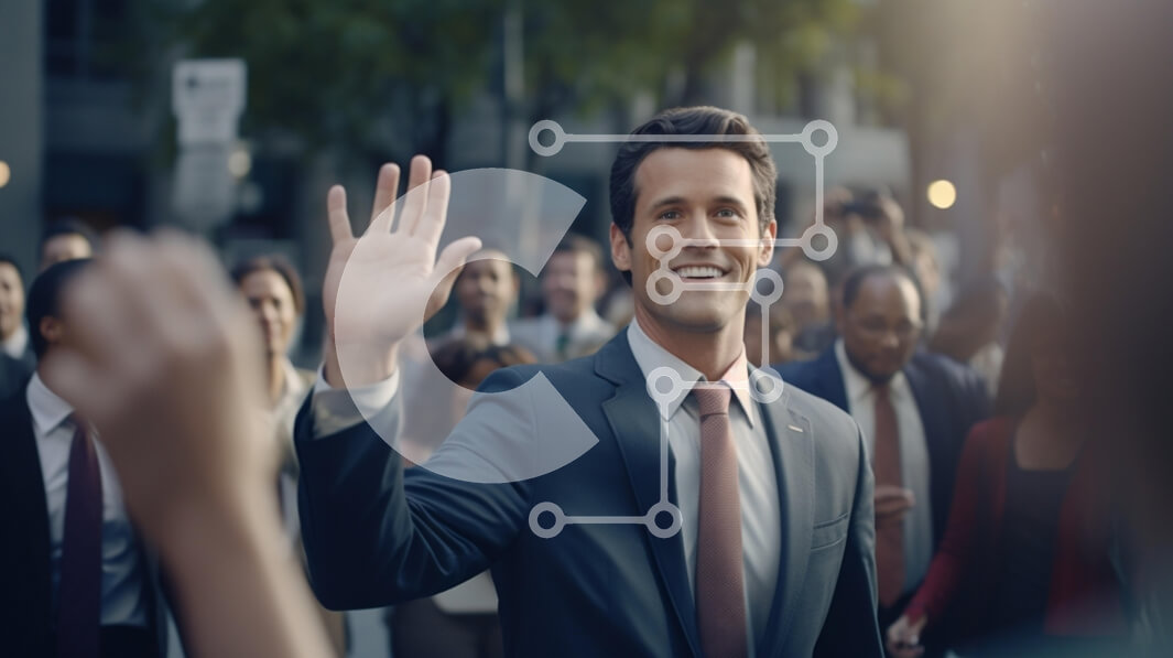 Intra Συλλεκτικό Ξύλινο Παζλ Plywood  4mm - Νεαρός με αυτοπεποίθηση που κυματίζει σε ένα πλήθος σε αστικό περιβάλλον Σε Ξύλινο Κουτί - Διαστάσεις Puzzle: 10x10 cm – 25 κομμάτια