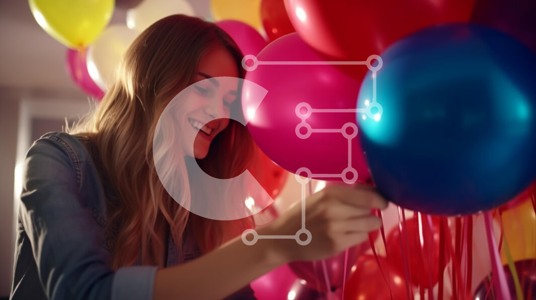 Intra Συλλεκτικό Ξύλινο Παζλ Plywood  4mm - Νεαρή γυναίκα που τακτοποιεί πολύχρωμα μπαλόνια Σε Ξύλινο Κουτί - Διαστάσεις Puzzle: 10x10 cm – 25 κομμάτια