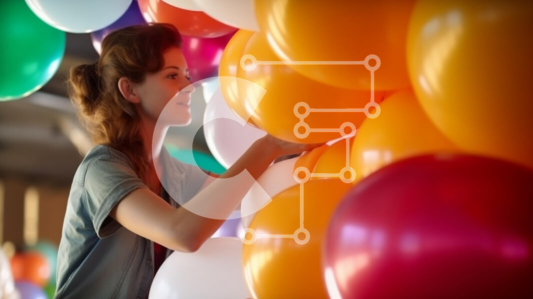 Intra Συλλεκτικό Ξύλινο Παζλ Plywood  4mm - Γυναίκα που τακτοποιεί πολύχρωμα μπαλόνια σε ένα εορταστικό σκηνικό Σε Ξύλινο Κουτί - Διαστάσεις Puzzle: 10x10 cm – 25 κομμάτια