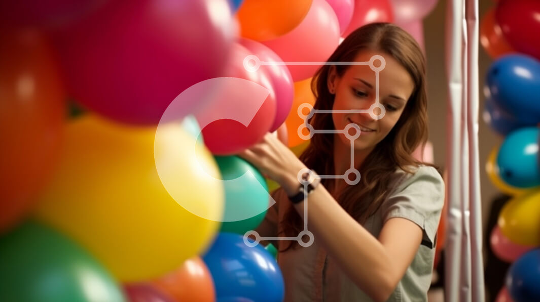 Intra Συλλεκτικό Ξύλινο Παζλ Plywood  4mm - Γυναίκα που τακτοποιεί πολύχρωμα μπαλόνια για μια γιορτή Σε Ξύλινο Κουτί - Διαστάσεις Puzzle: 10x10 cm – 25 κομμάτια