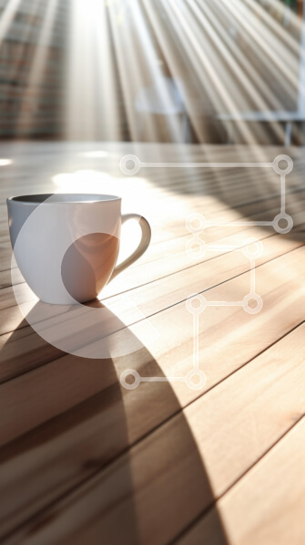 Intra Συλλεκτικό Ξύλινο Παζλ Plywood  4mm - Κούπα καφέ σε ξύλινο τραπέζι με ακτίνες φωτός Σε Ξύλινο Κουτί - Διαστάσεις: 10x10 cm – 25 κομμάτια