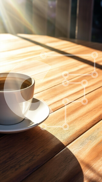 Intra Συλλεκτικό Ξύλινο Παζλ Plywood  4mm - Φλιτζάνι καφέ σε ξύλινο τραπέζι με φως του ήλιου Σε Ξύλινο Κουτί - Διαστάσεις: 10x10 cm – 25 κομμάτια